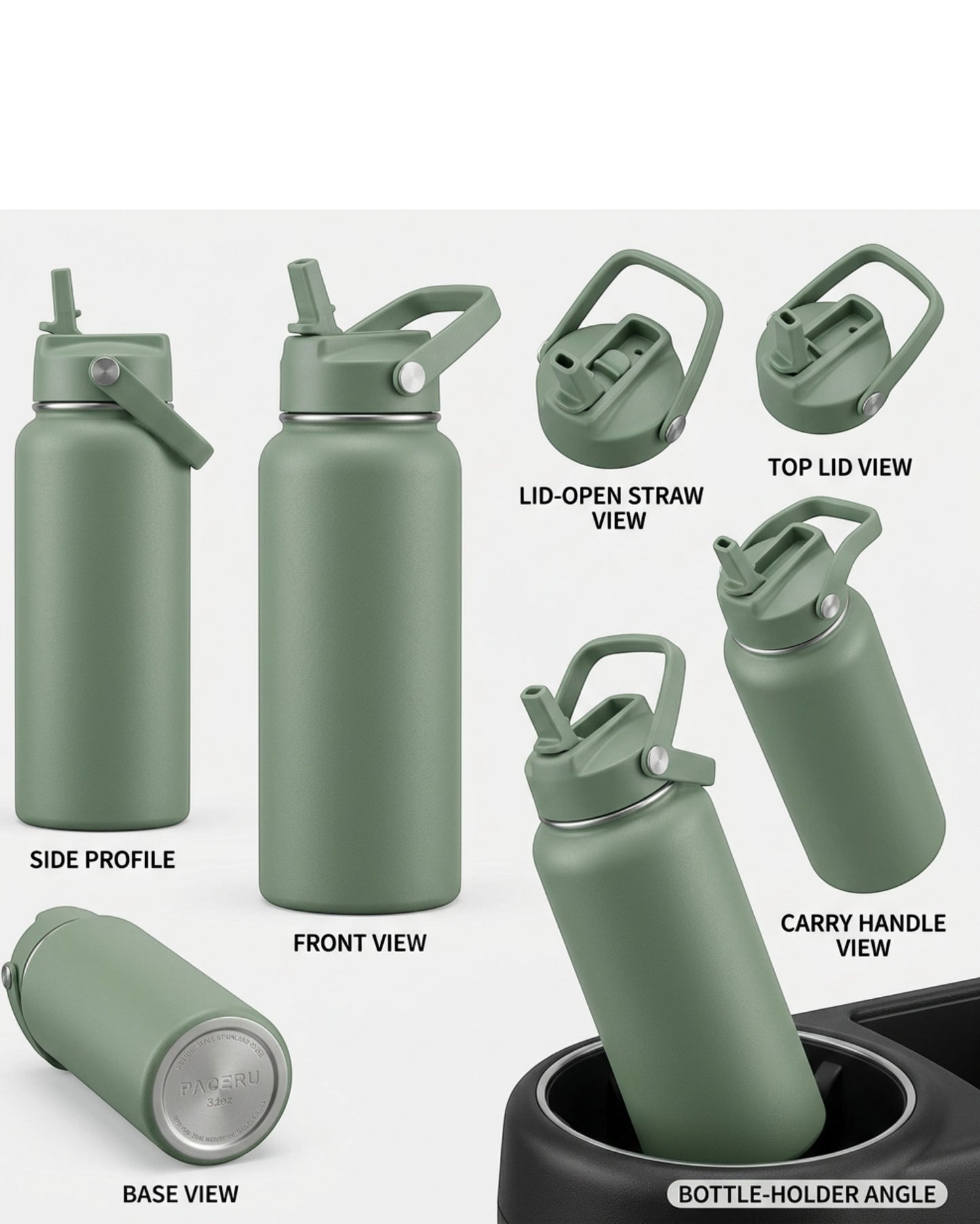 Paceru Straw Lid Insulated Water Bottle Sage 32 oz