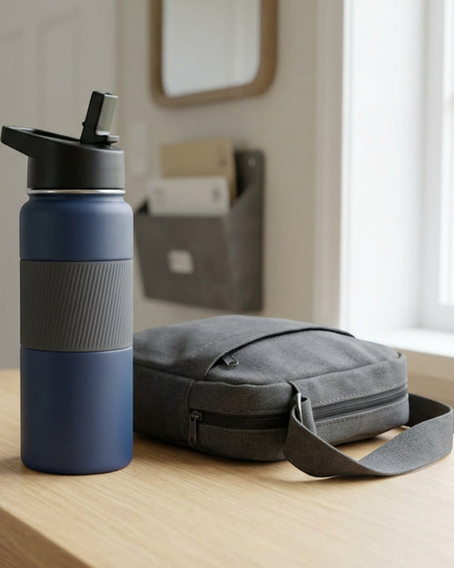 Paceru Vacuum Insulated Sports Bottle 20 fl oz Matte Navy Fold-Down Straw Lid - Lifestyle view