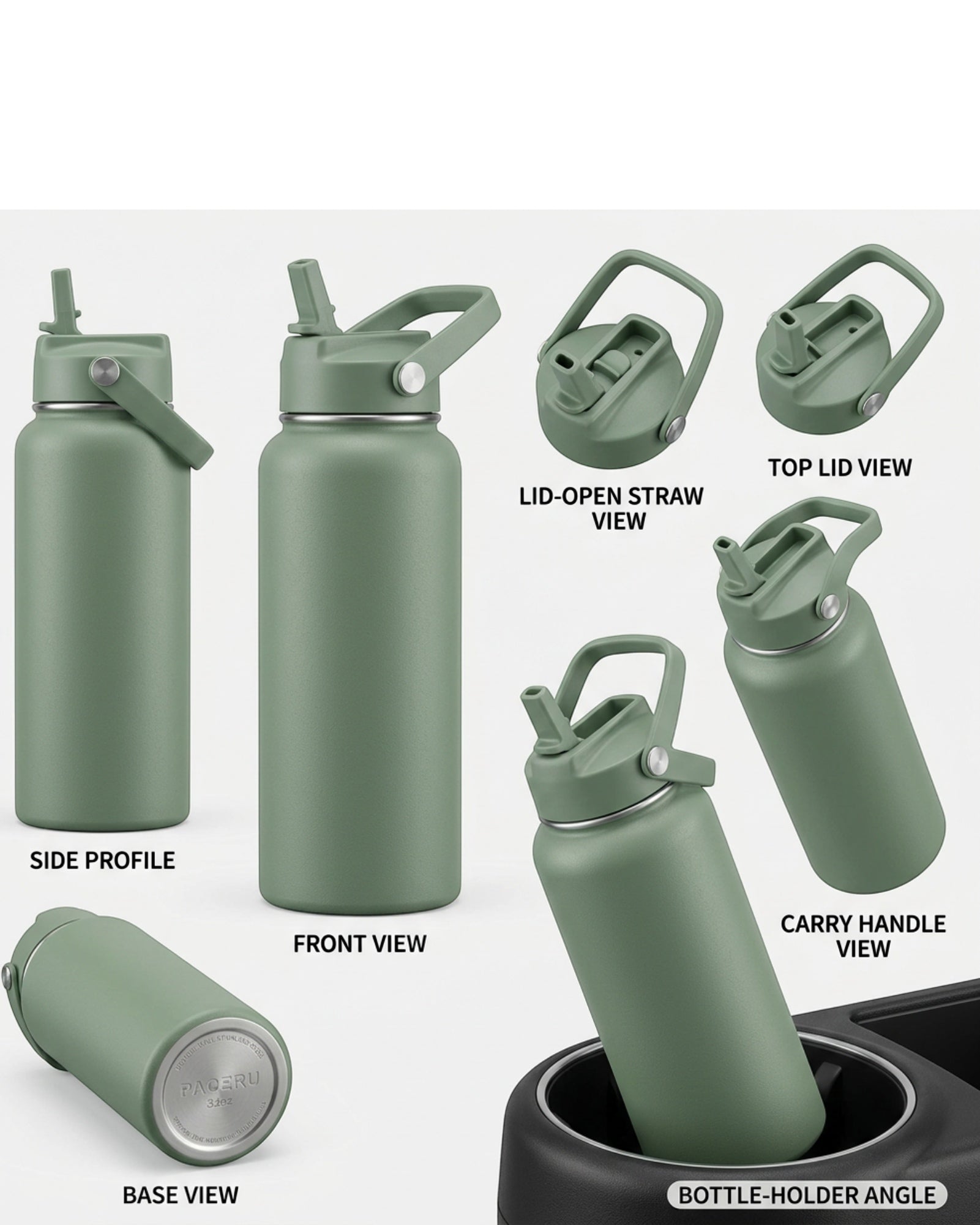 Paceru Straw Lid Insulated Water Bottle Sage 32 oz